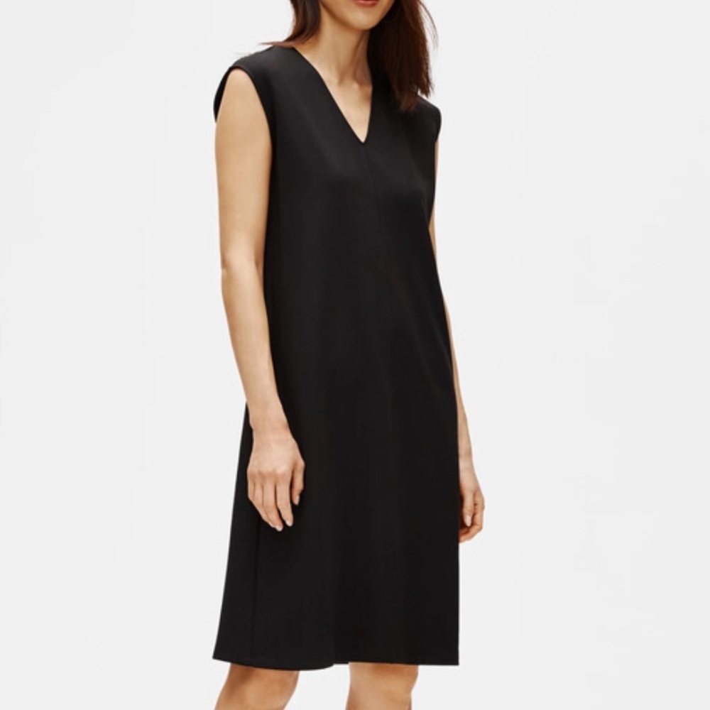 Eileen Fisher Flex Tencel Ponte Shift Dress Sleeveless V-neck Black Large Chic